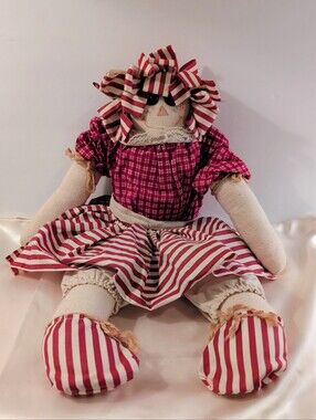 Doll Primitive Style Raggedy Ann Handmade Red Plaid & Stripes 20" Tall x 10"